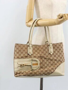 GUCCI GG Canvas Hand Bag Beige Gold